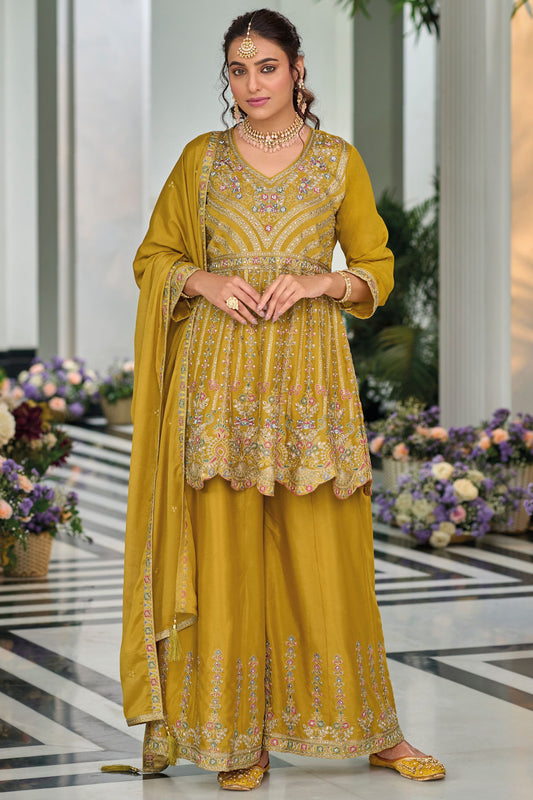 Dark Yellow Chinon Silk Kameez with Plazo For Indian Festivals & Weddings - Embroidery Work