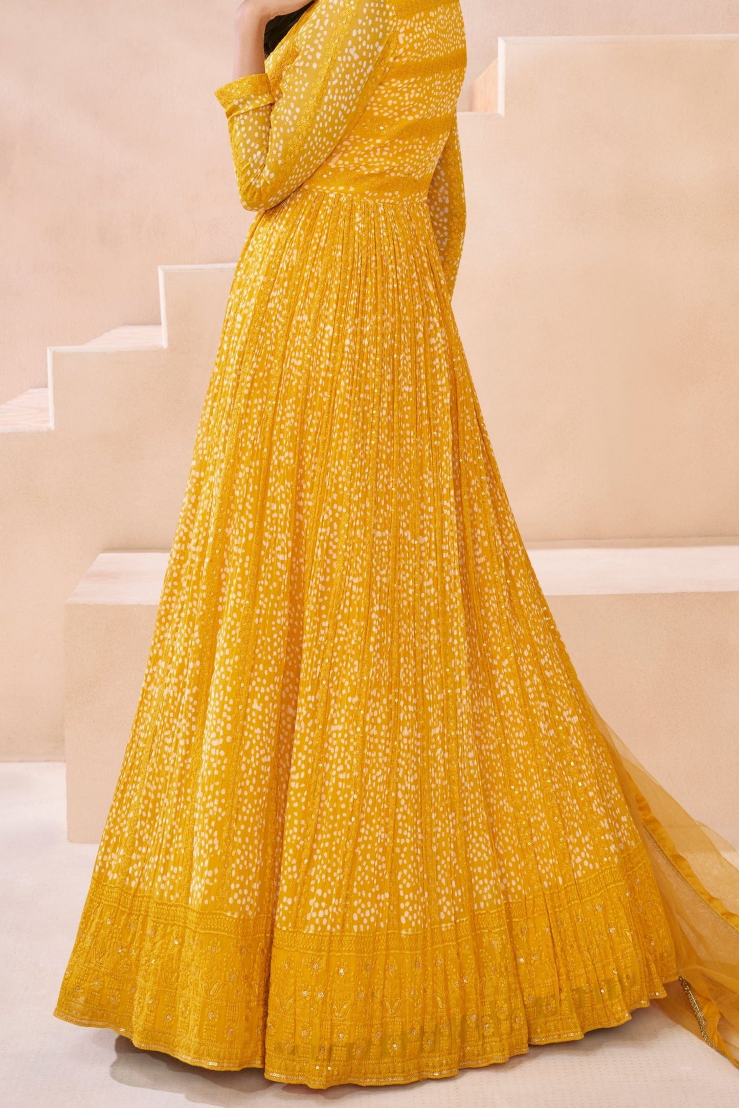 Yellow Georgette Floor Full Length Anarkali Suit Dress For Indian Festivals & Weddings - Embroidery Work