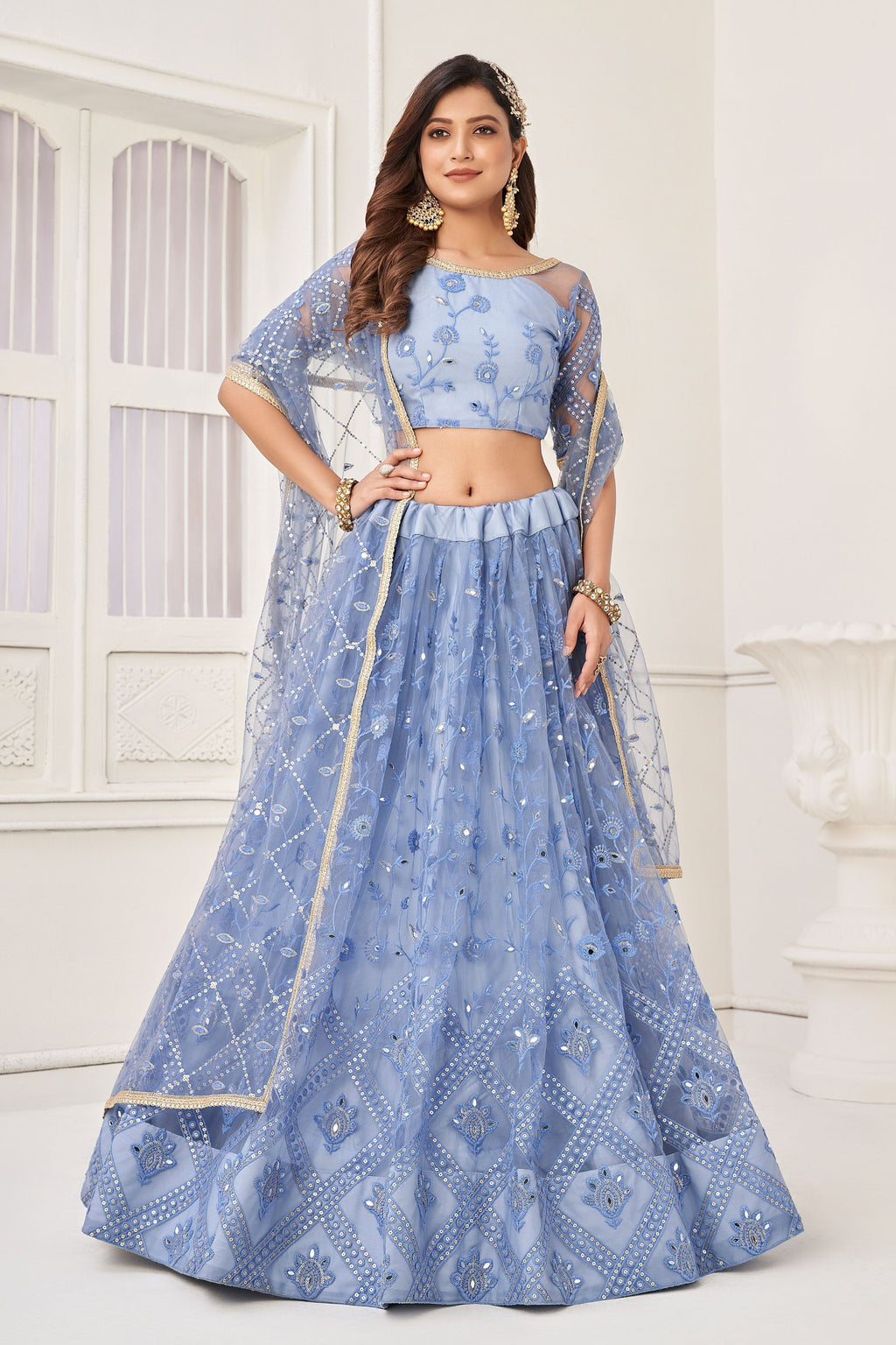 Light Purple Net Embroidered Lehenga Choli For Indian Festival & Weddings - Embroidery Work