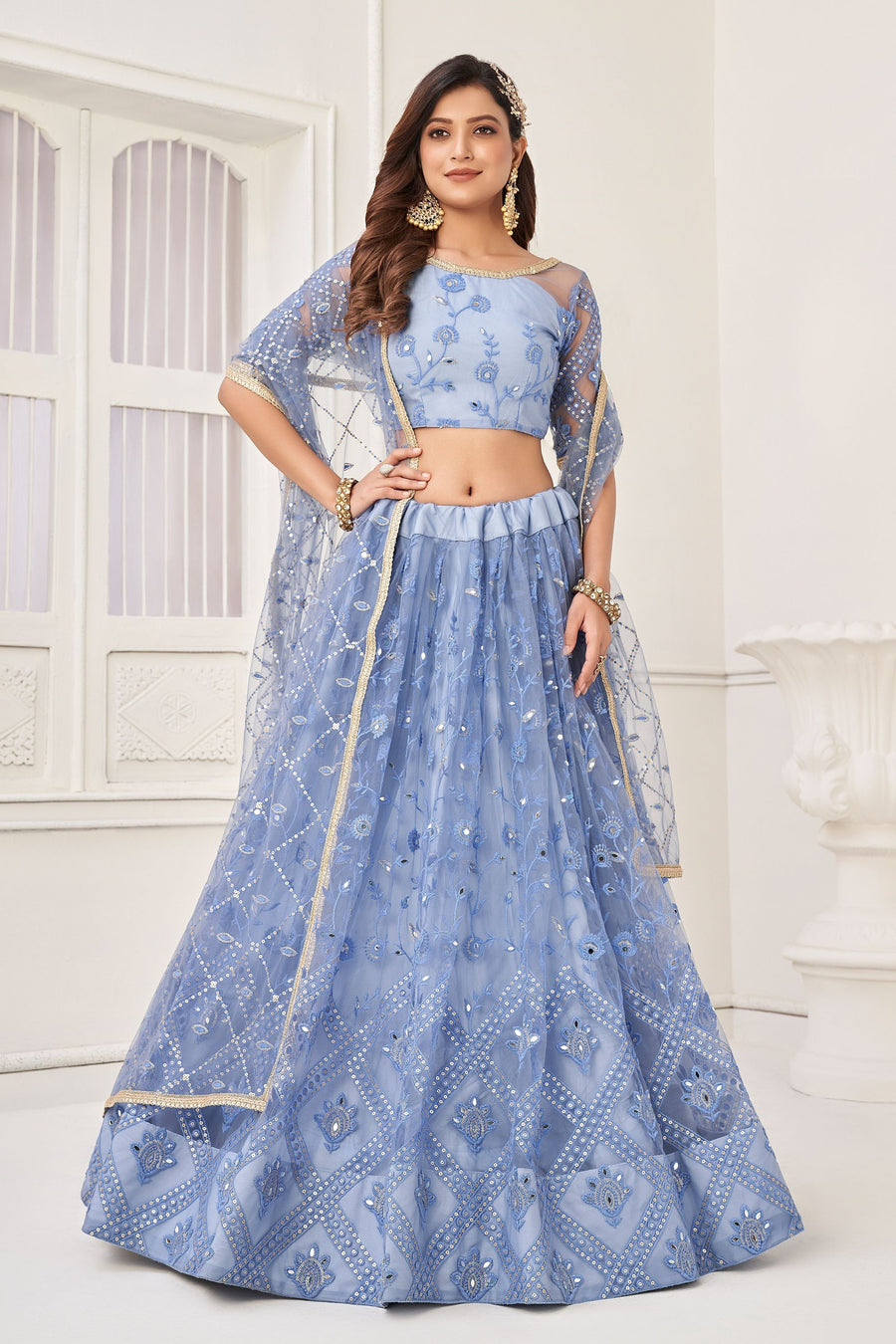 Light Purple Net Embroidered Lehenga Choli For Indian Festival & Weddings - Embroidery Work