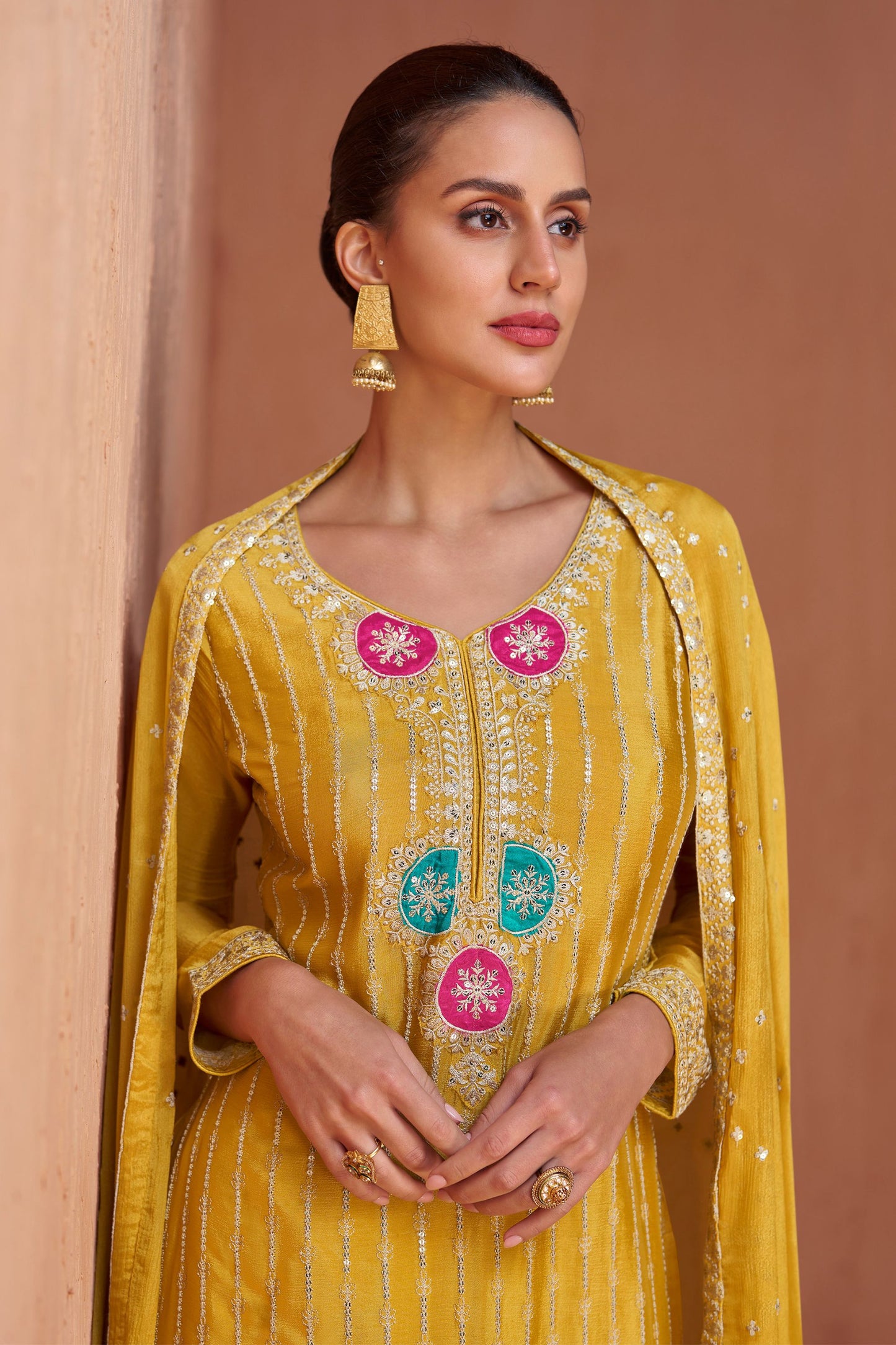 Golden Yellow Chinon Silk Plazo Suits For Indian Festivals & Pakistani Weddings - Embroidery Work