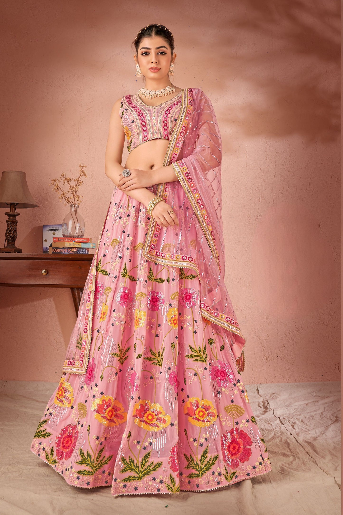 Pink Green Georgette Lehenga Choli For Indian Festivals & Weddings - Thread Embroidery Work, Sequence Embroidery Work