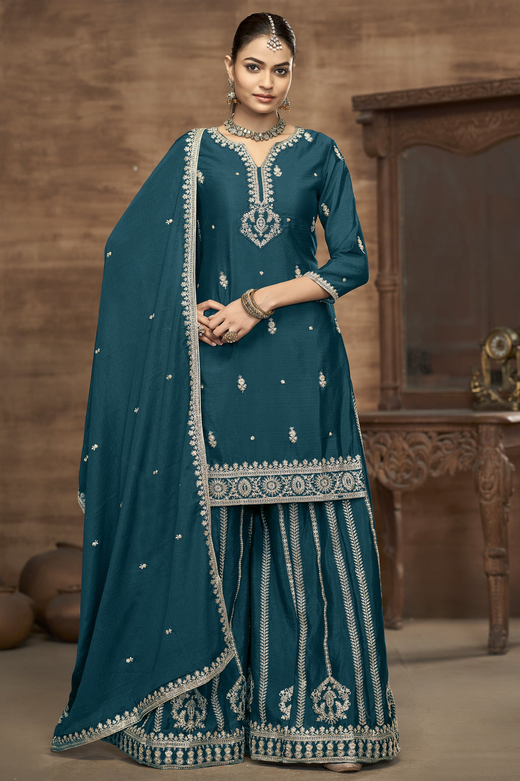 Dark Teal Chinon Silk Palazzo Suit For Indian Wedding & Pakistani Festival - Embroidery Work