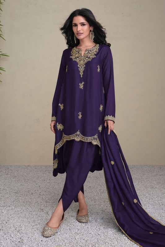 Navy Blue Real Silk Dhoti Salwar Suit For Indian Festivals & Weddings - Embroidery Work