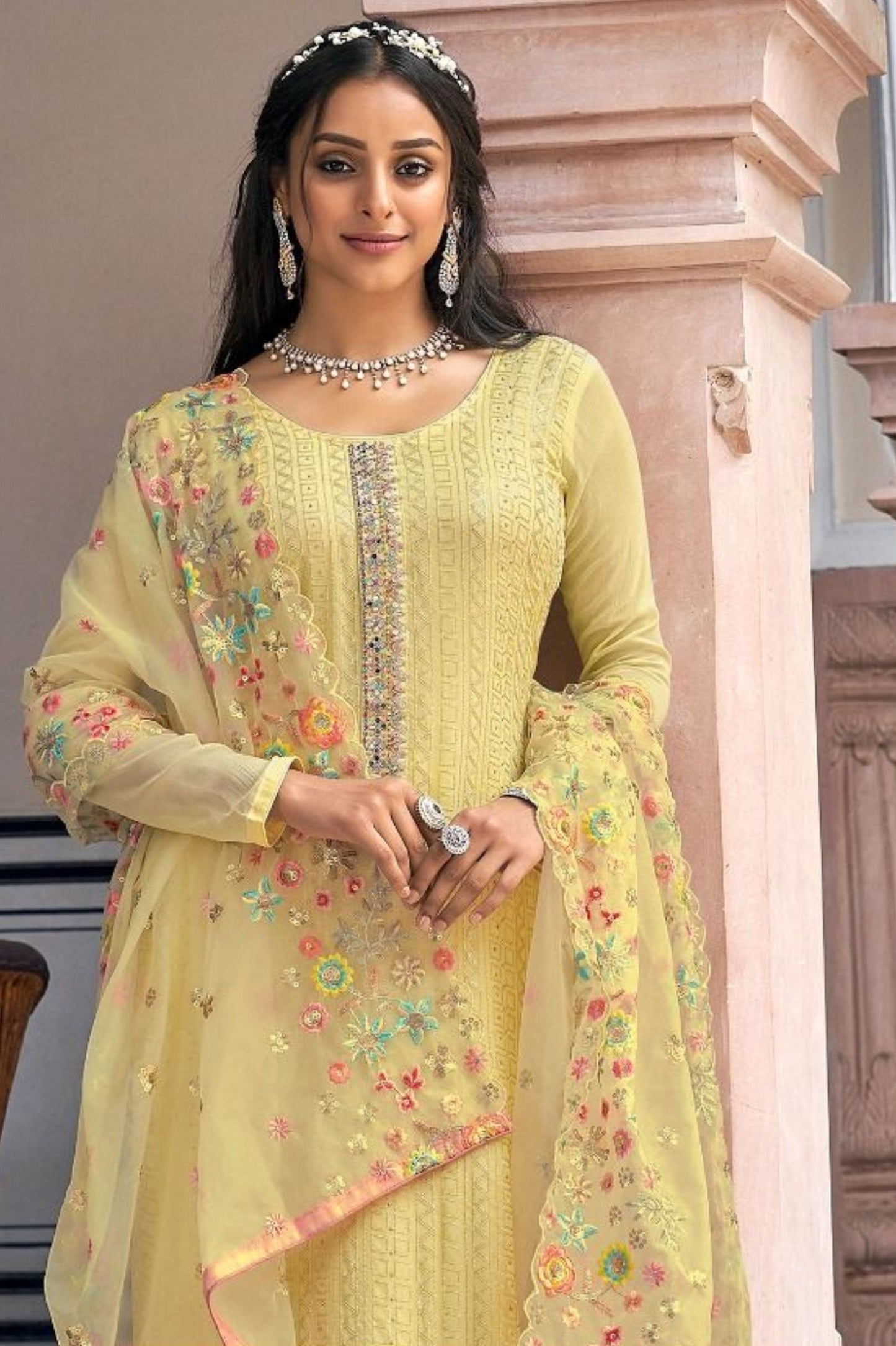 Light Yellow Georgette with Chinon Silk Kameez with Pant For Indian Suit Festivals & Pakistani Weddings - Embroidery Work