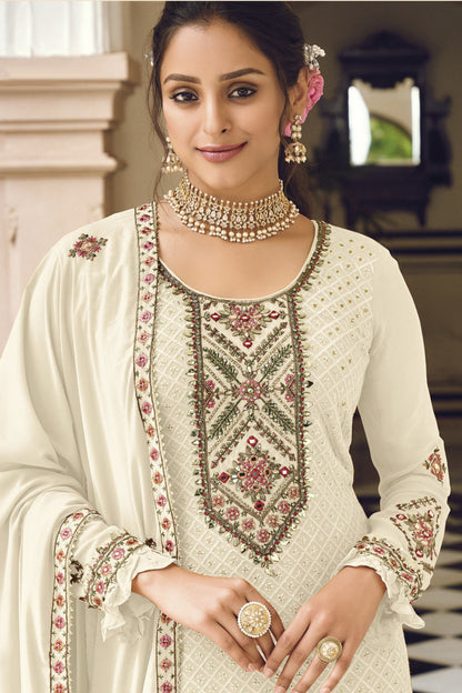 Off White Georgette Kameez with Pant For Indian Suit Festivals & Pakistani Weddings - Embroidery Work