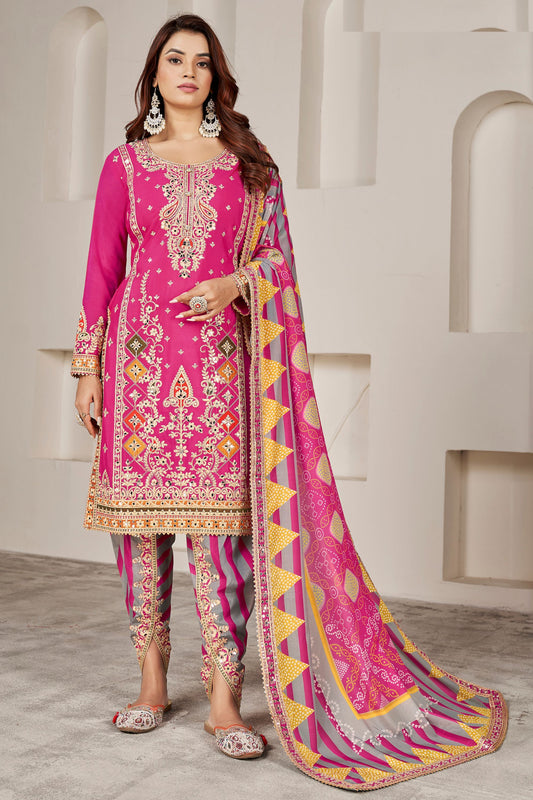 Pink Chinon Silk Salwar Kameez with Dhoti Tulip for Indian Festival & Pakistani Wedding - Sequence Embroidery Work, Dori Work, Print Work, Mirror Work
