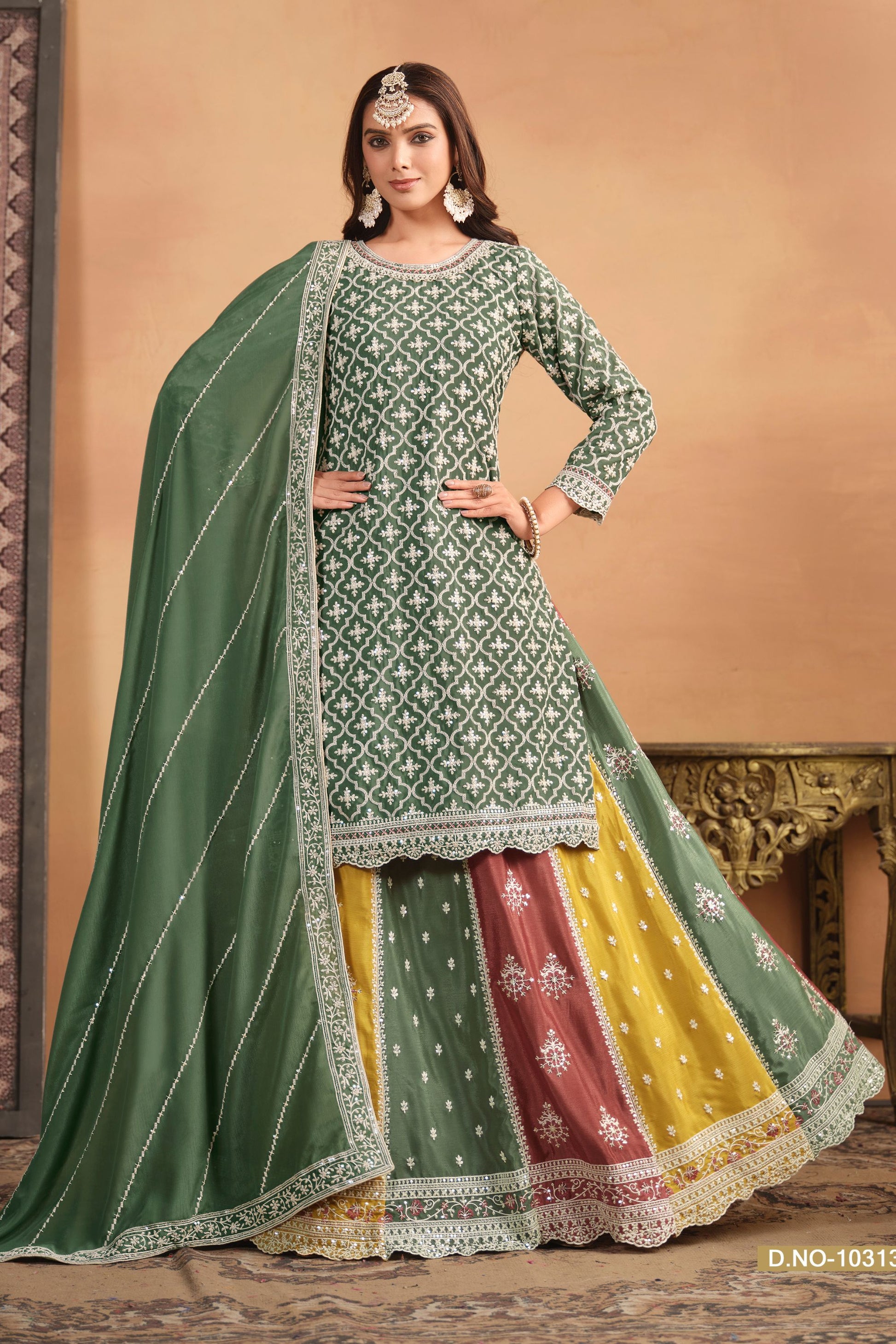 Green Chinon Silk Lehenga Choli with Multicolor Lehenga For Indian Festivals & Pakistani Weddings - Thread Embroidery Work