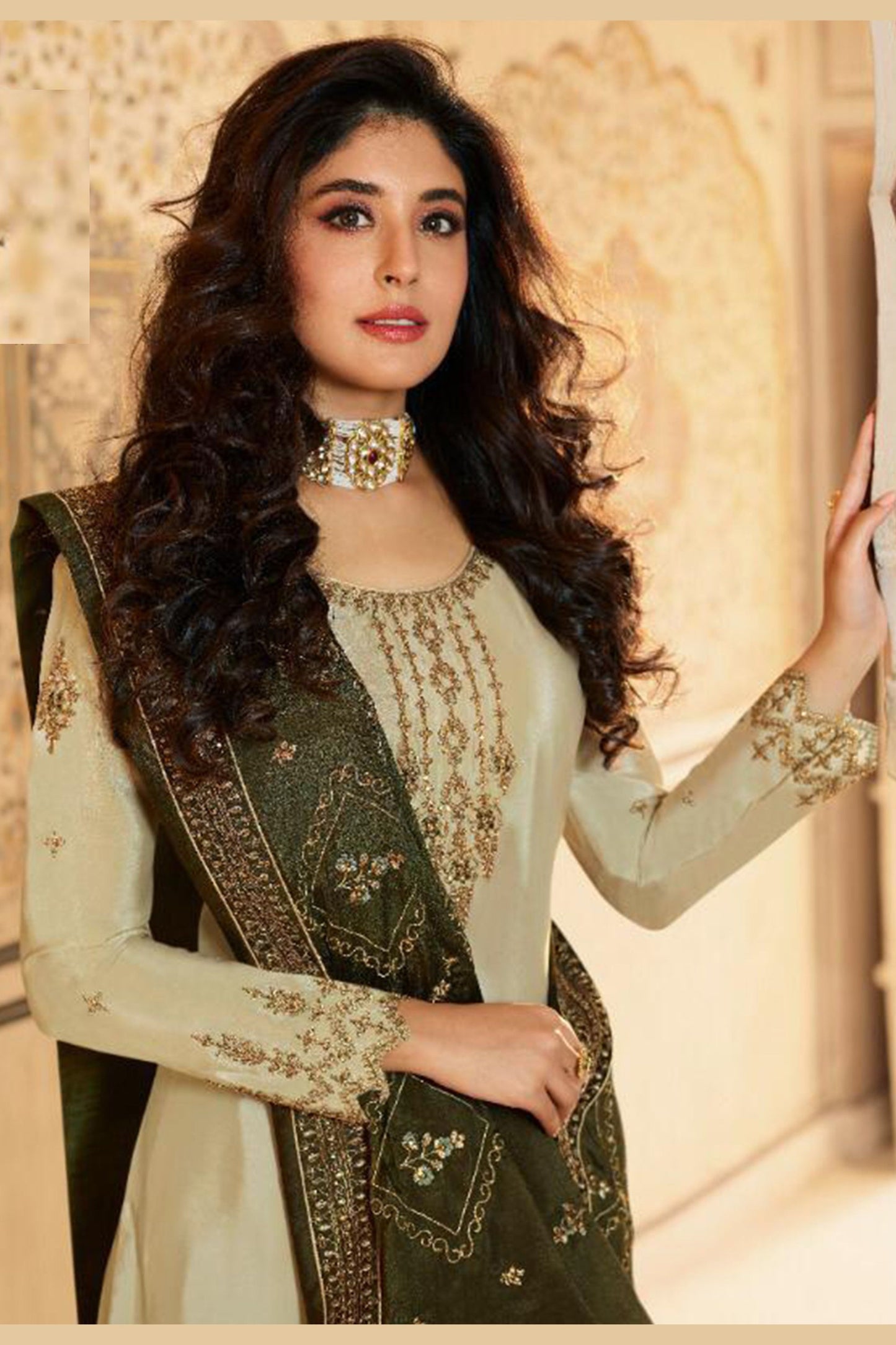 Light Olive Satin Kameez with Plazzo Suit For Indian Festivals & Pakistani Weddings - Thread Embroidery Work, Sequence Embroidery Work