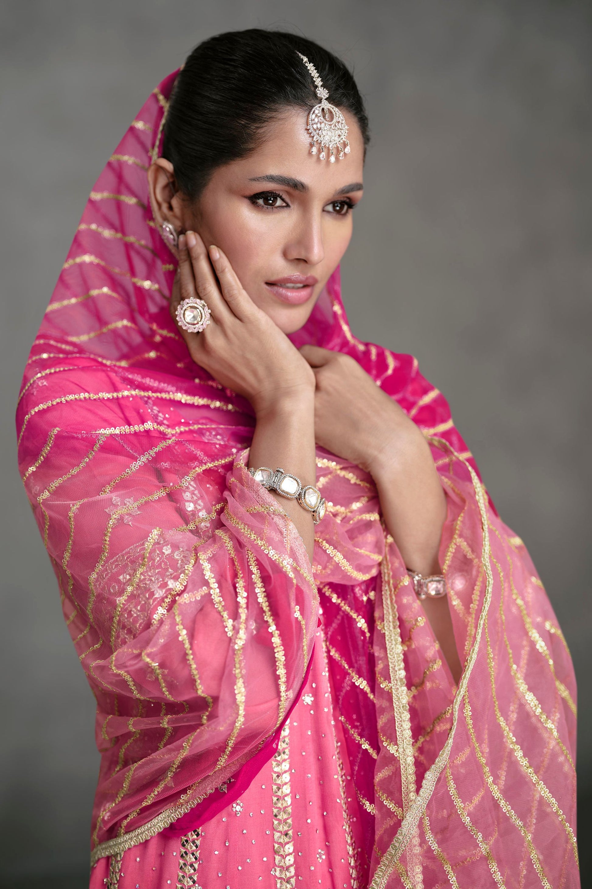 Pink Georgette Dual Tone Plazo Suit For Indian Festivals & Pakistani Weddings - Embroidery Work