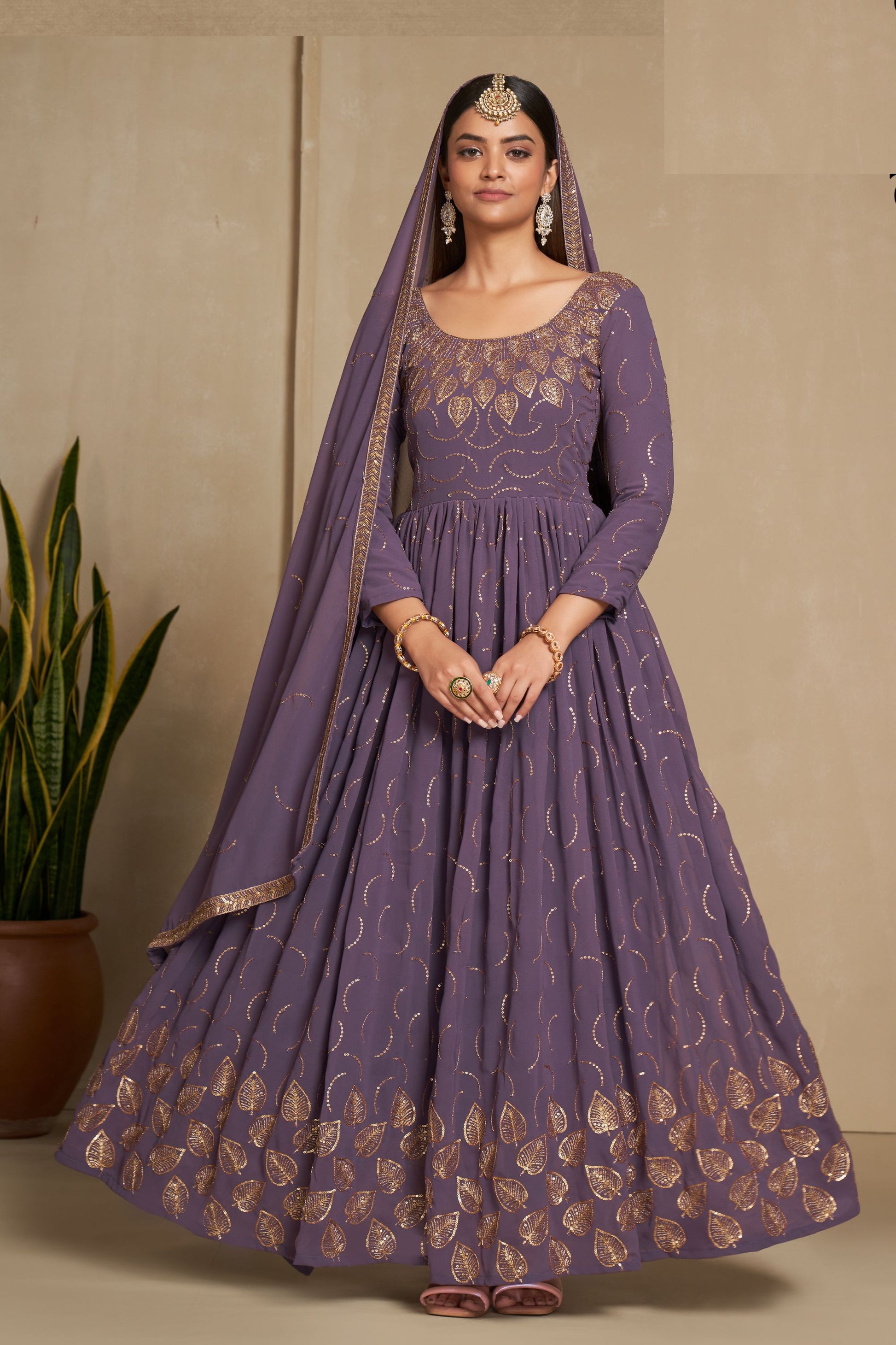 Purple Georgette Full Length Anarkali Gown For Indian Festivals & Weddings - Sequence Embroidery Work, Zari Work