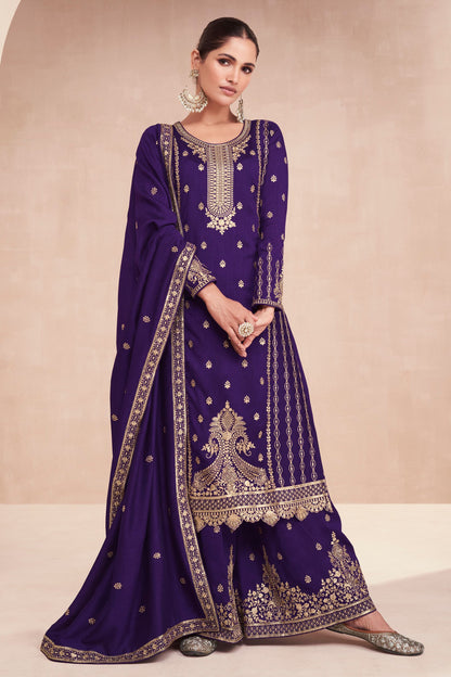 Purple Silk Plazo Kameez Suit For Indian Wedding & Pakitani Festival - Embroidery Work