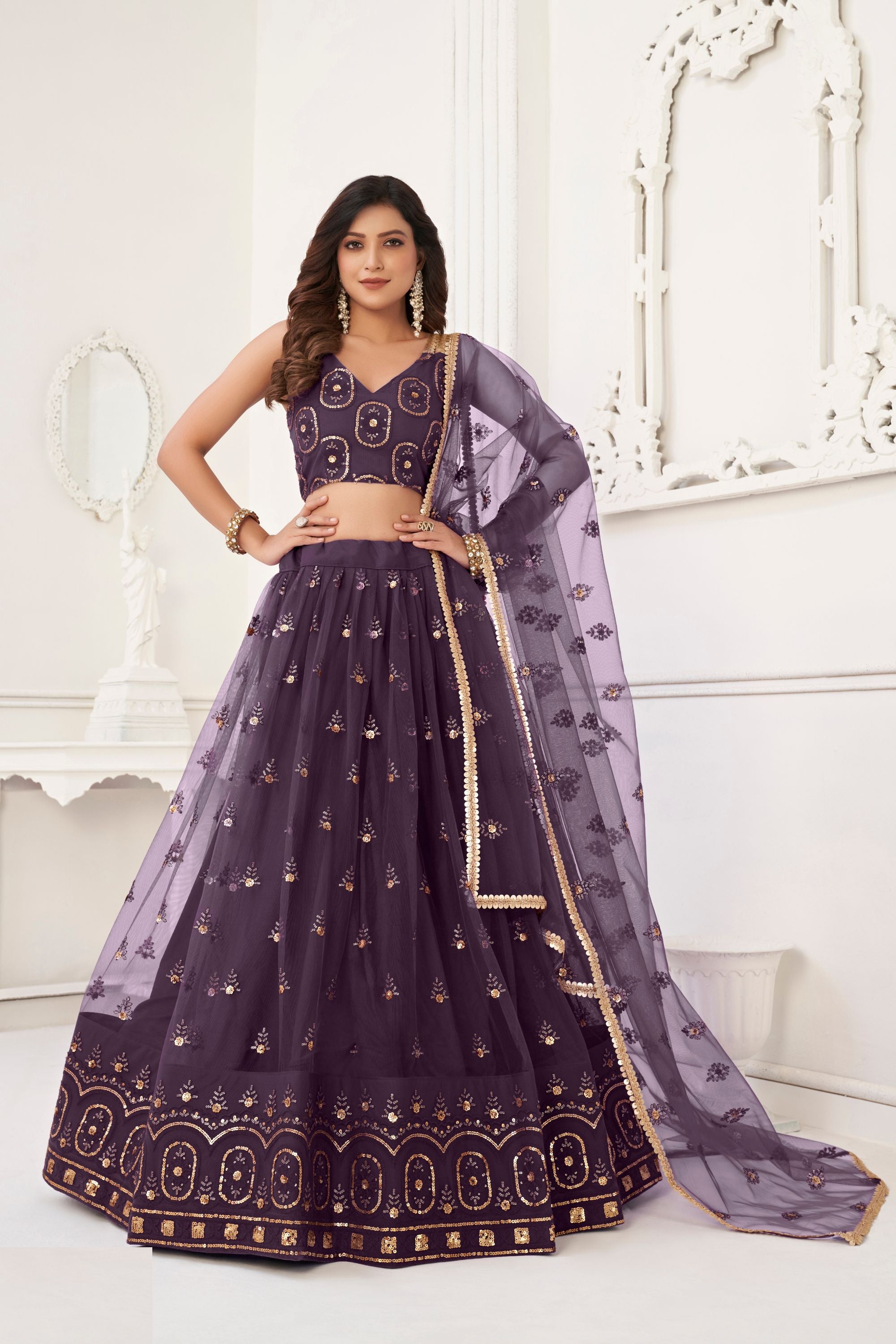Dark Purple Net Lengha Choli For Indian Festivals & Pakistani Weddings Dress - Embroidery Work