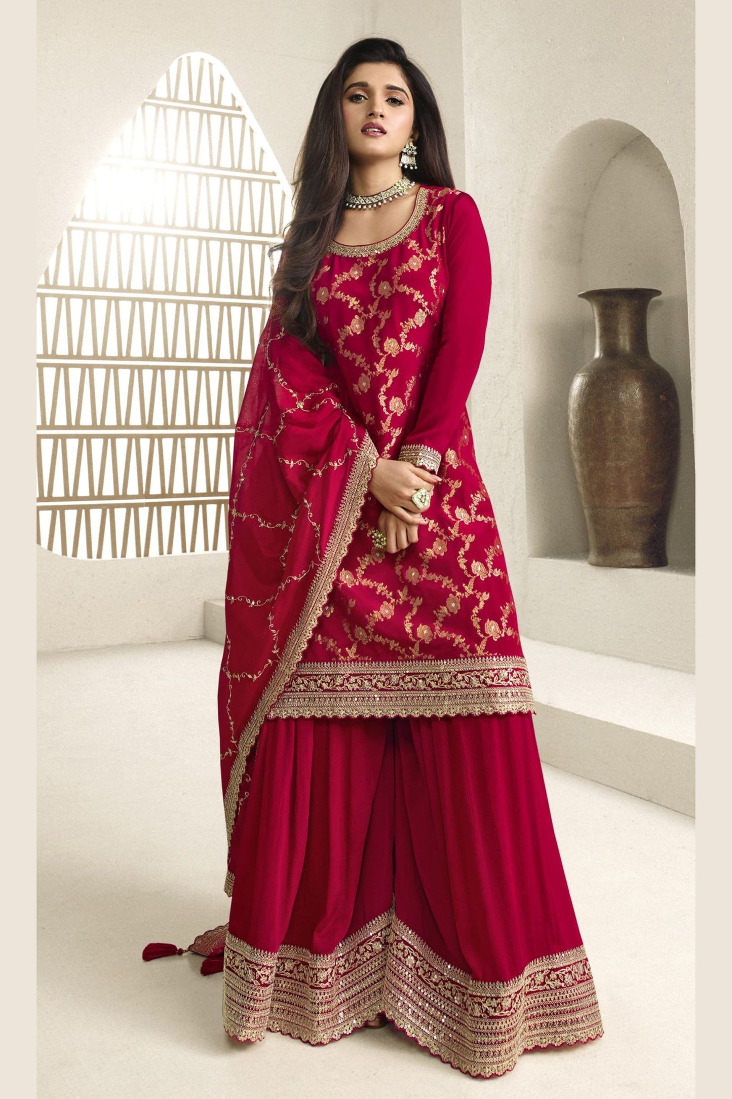 Red Jacquard Silk Palazzo Suit For Indian Festivals & Pakistani Plazo Weddings Dress - Embroidery Work