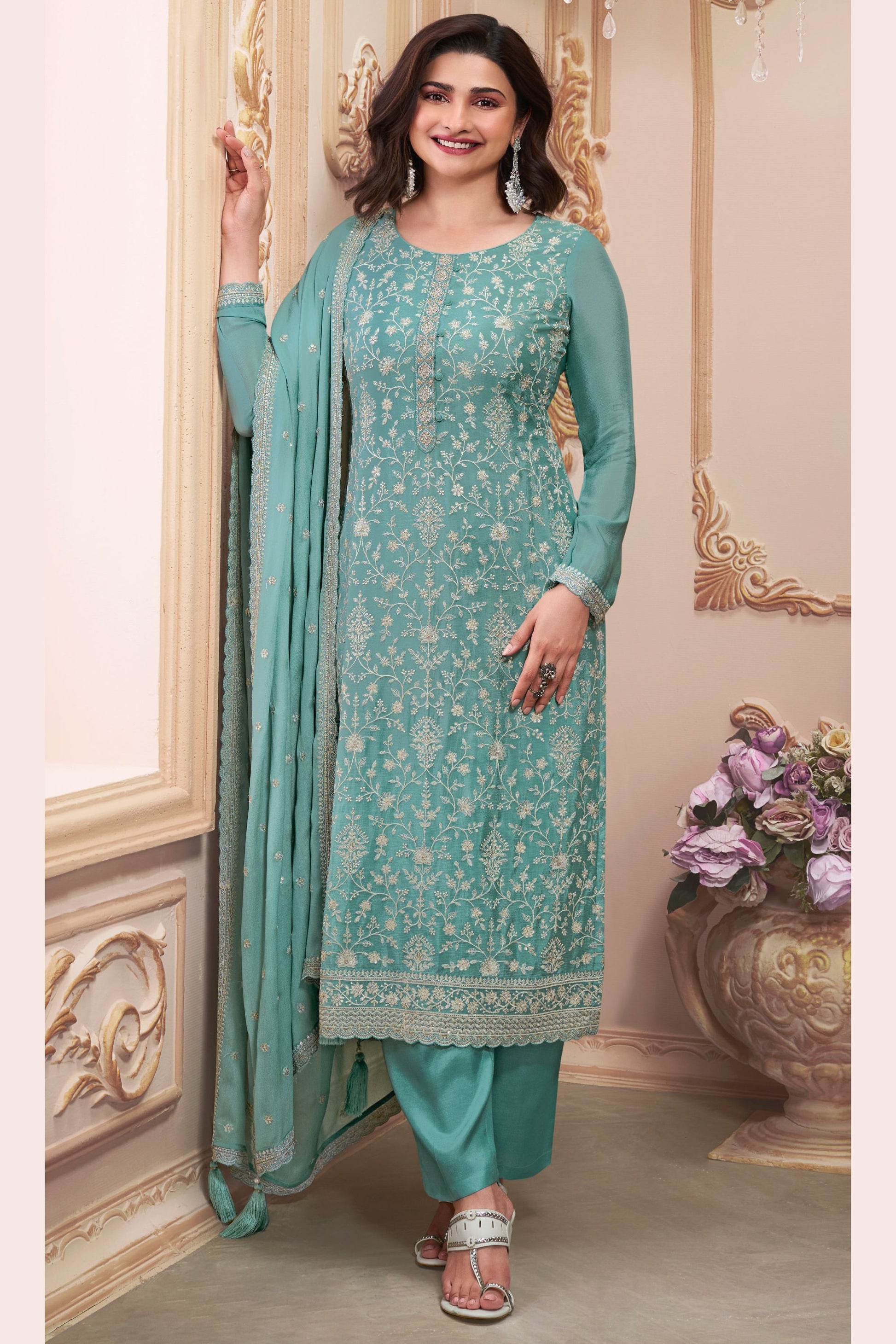 Turquoise Chinon Silk Long Kameez Suit with Pant and Dupatta For Indian Festivals & Weddings - Embroidery Work