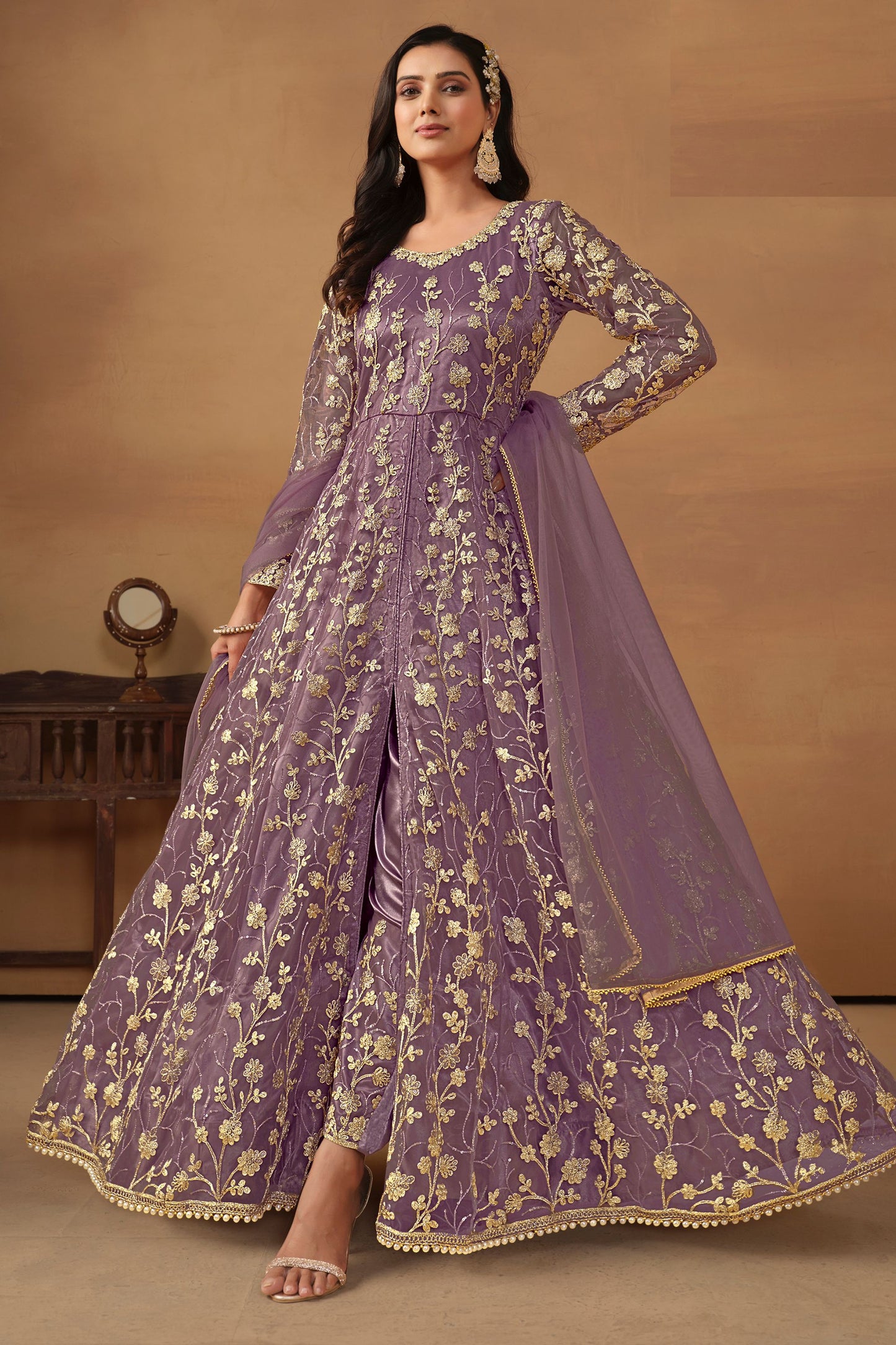 Purple Net Full Floor Length Anarkali Dress with Front Slit For Indian Festivals & Weddings - Thread & Sequence Embroidery Work