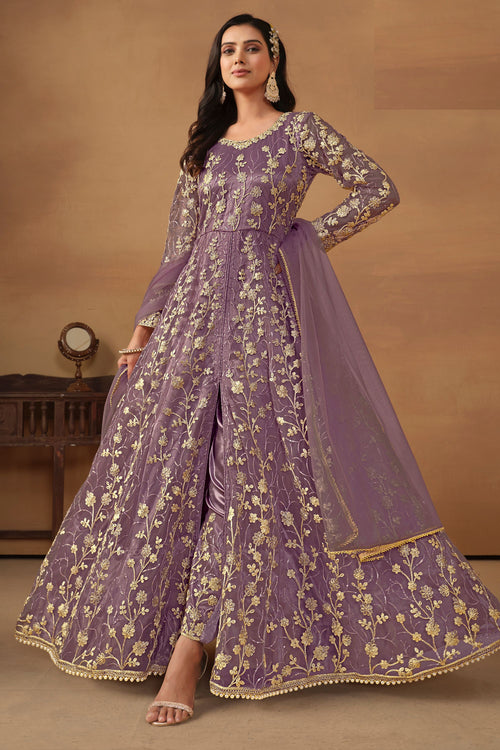 Purple Net Anarkali Dress For Indian Dresses For Marriage - Thread & Sequence Embroidery Work 38