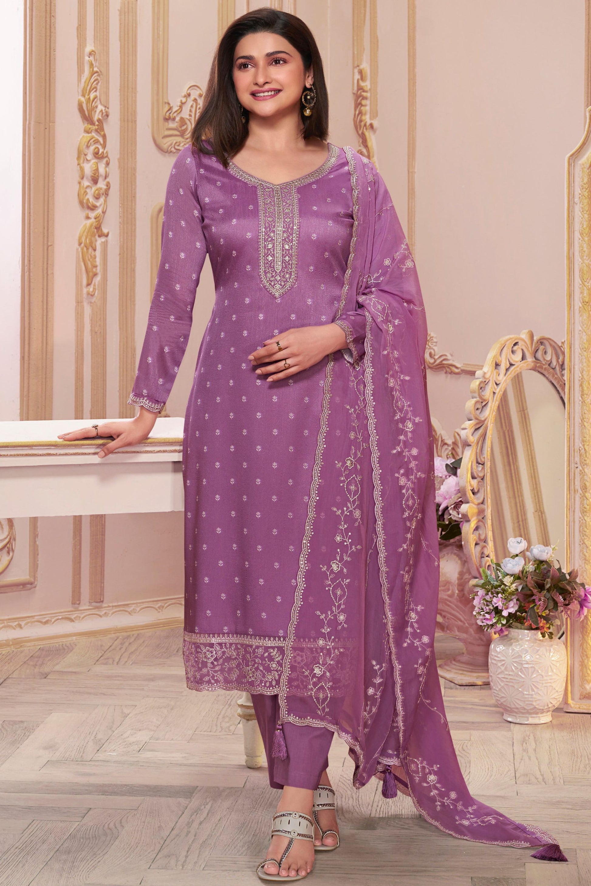 Purple Georgette Silk Kameez with Pant For Indian Suit Festivals & Pakistani Weddings - Embroidery Work