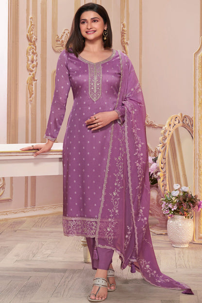 Purple Georgette Silk Kameez with Pant For Indian Suit Festivals & Pakistani Weddings - Embroidery Work