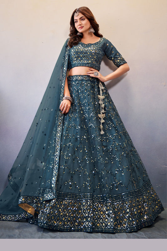 Teal Georgette Lehenga Choli For Indian Festivals & Weddings - Sequence Embroidery Work