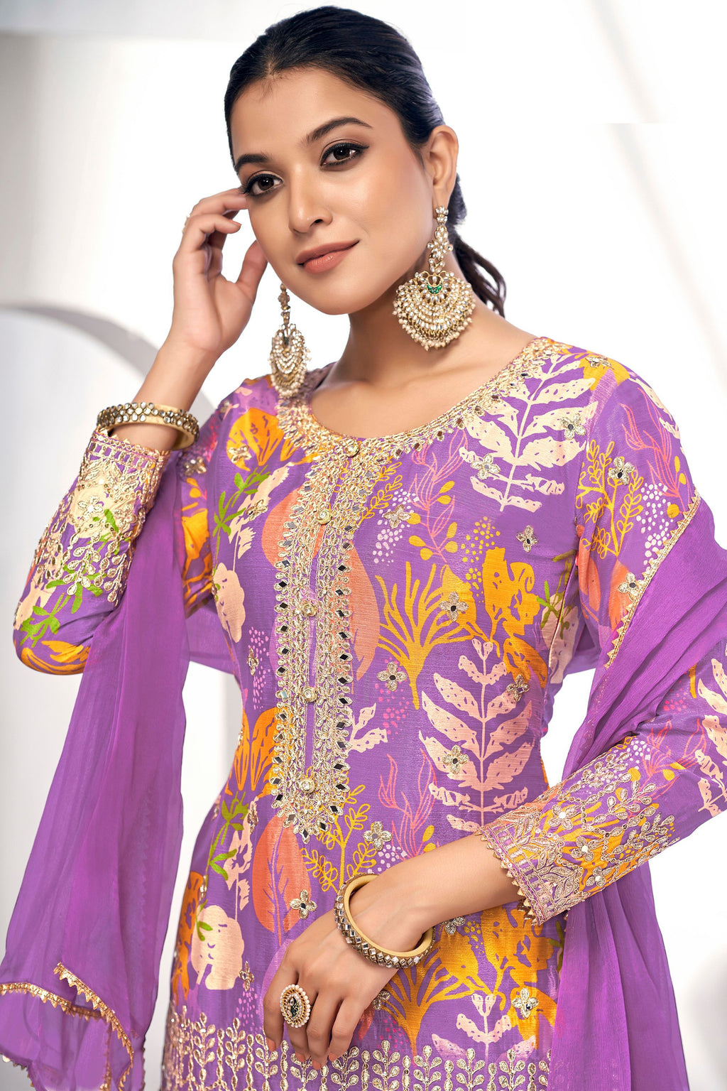 Purple Chinon Silk Sharara Suits Dress for Indian Festival & Pakistani Wedding - Thread & Sequence Embroidery Work, Zari Work, Stone & Mirror Work, Print Work