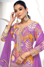 Purple Chinon Silk Sharara Suits Dress for Indian Festival & Pakistani Wedding - Thread & Sequence Embroidery Work, Zari Work, Stone & Mirror Work, Print Work
