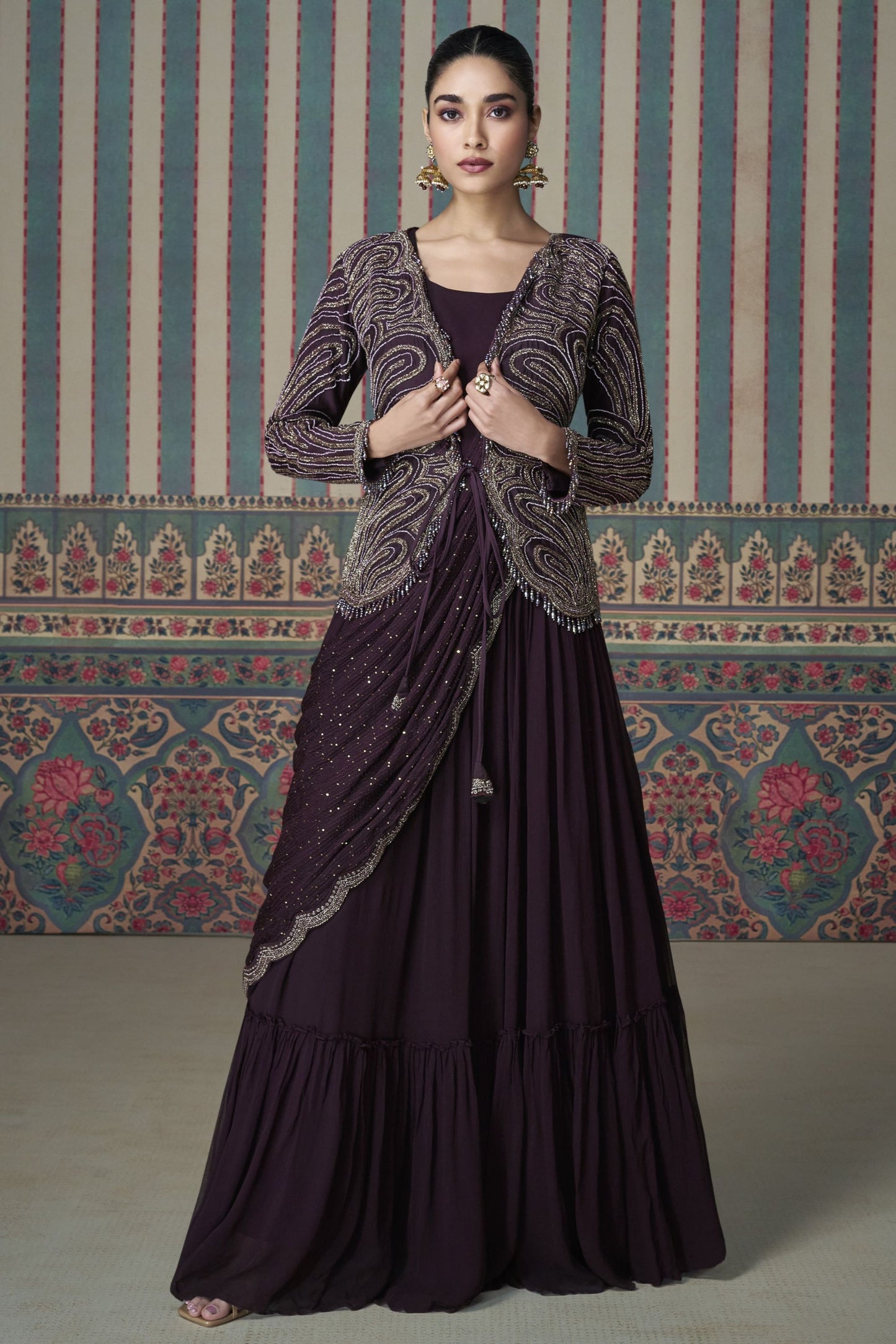 Brown Chinon Silk Full Length Partywear Gown For Festivals & Weddings - Embroidery Work Copy Copy