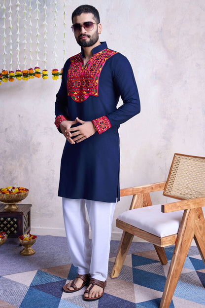 Navy Blue Rayon Kurta Pyjama for Men For Navratri Garba Festivals - Embroidery Work, Real Mirror Work