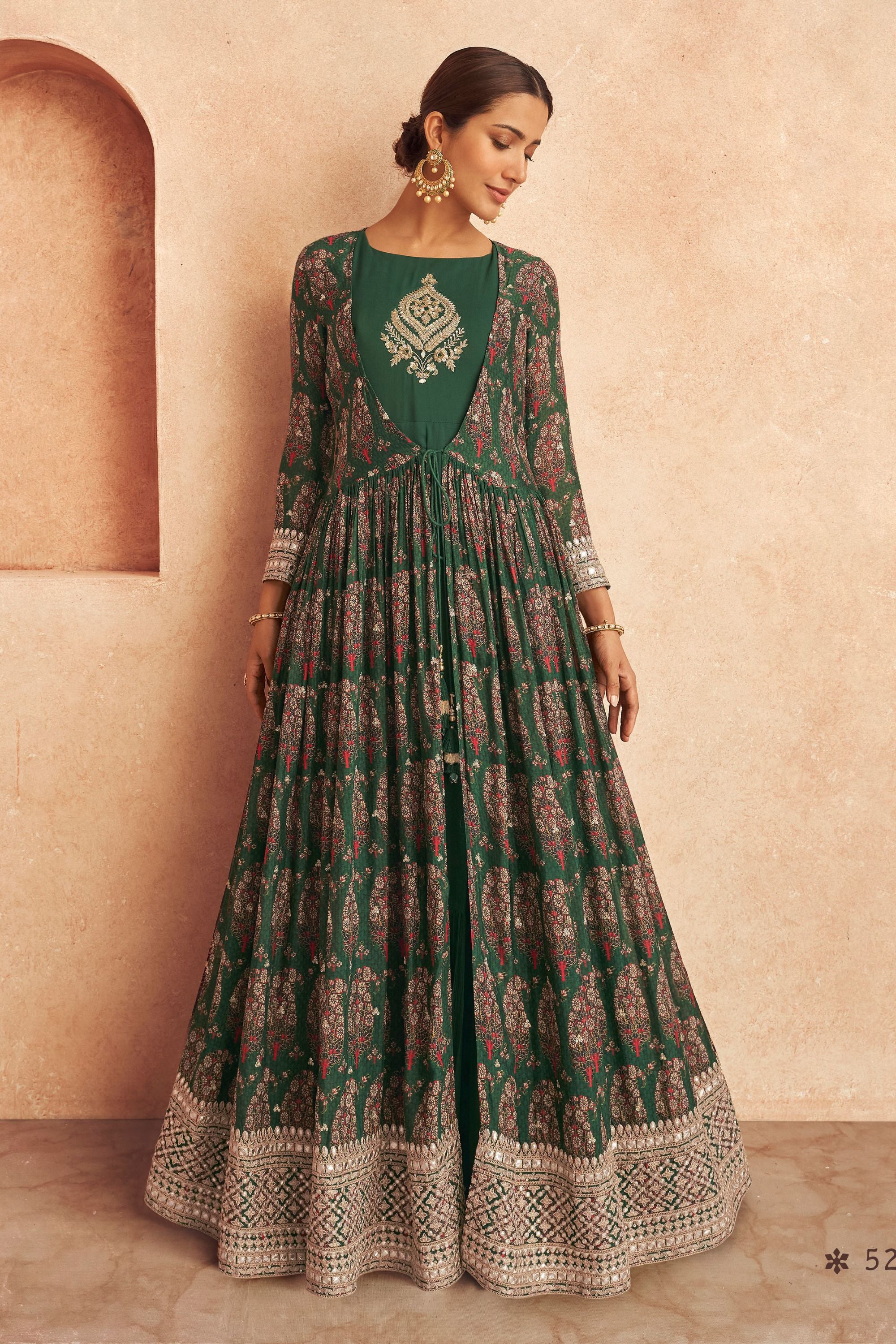 Green Georgette Anarkali Suits For Indian Festivals Weddings Embroidery Work