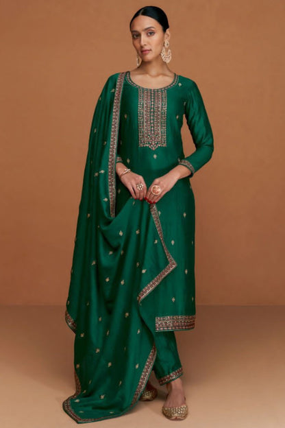 Green Silk Kameez with Pant And Dupatta For Indian Suit Festivals & Pakistani Weddings - Embroidery Work