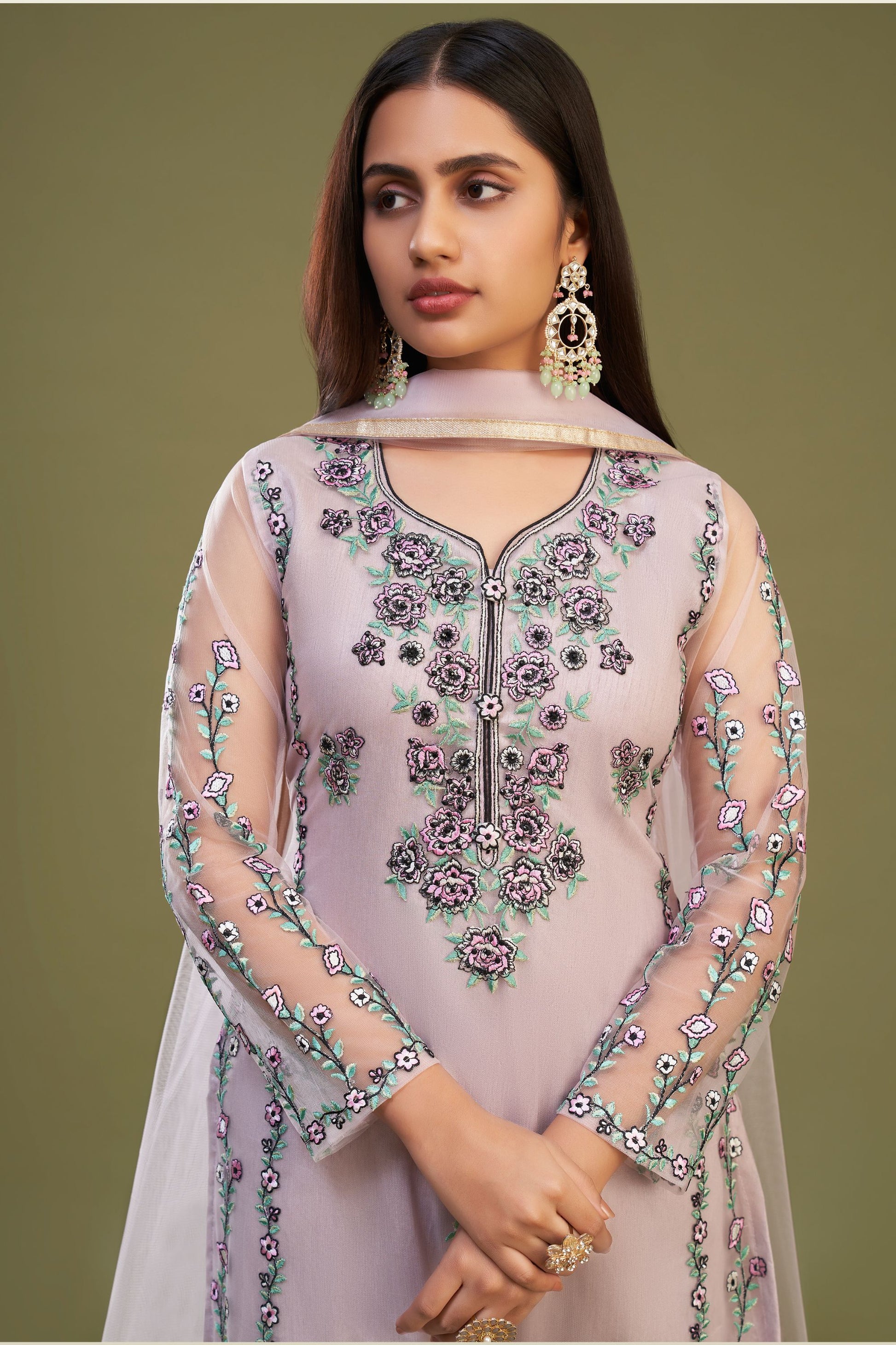 Pink Net Pakistani Salwar Kameez Suit For Indian Festivals & Weddings - Thread Embroidery Work