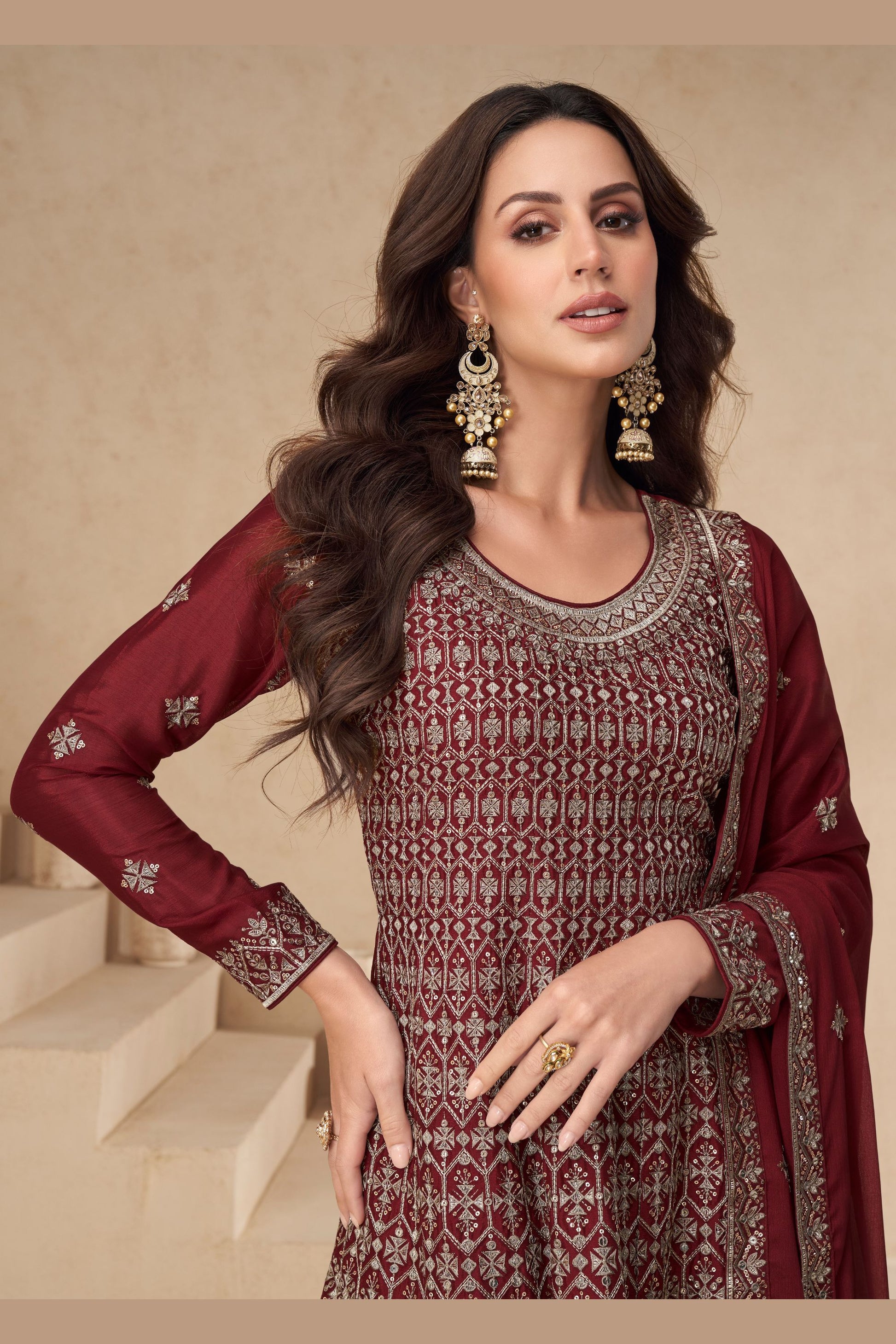 Dark Red Chinon Silk Plazo Suit For Wedding & Festival - Embroidery Work