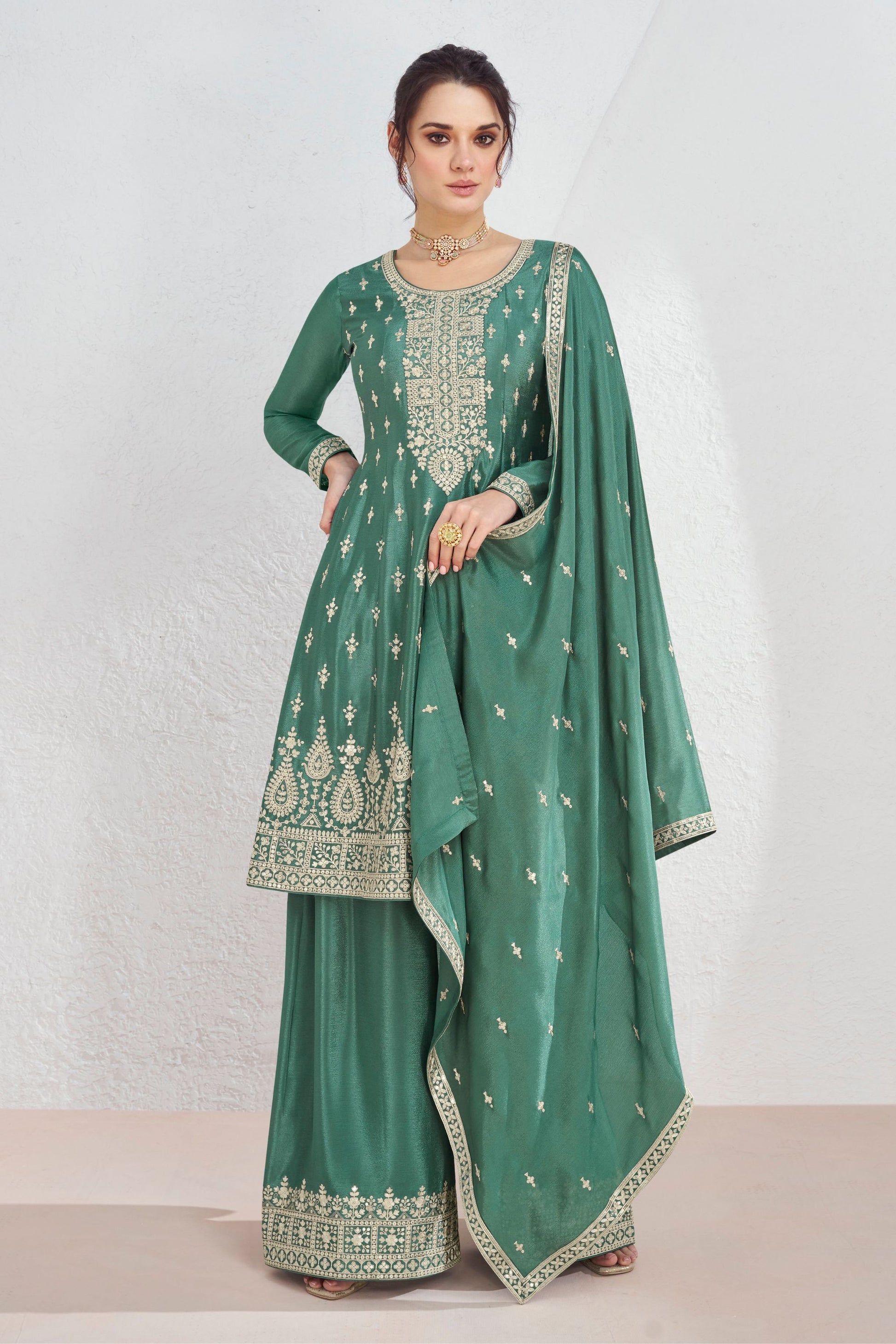 Green Chinon Silk Palazzo Suit For Indian Festival & Pakistani Weddings - Embroidery Work