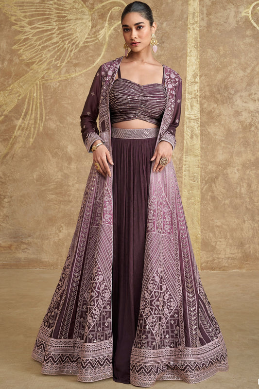 Dark Purple Chinon Silk Lengha For Indian Festivals & Pakistani Weddings Dress - Embroidery Work