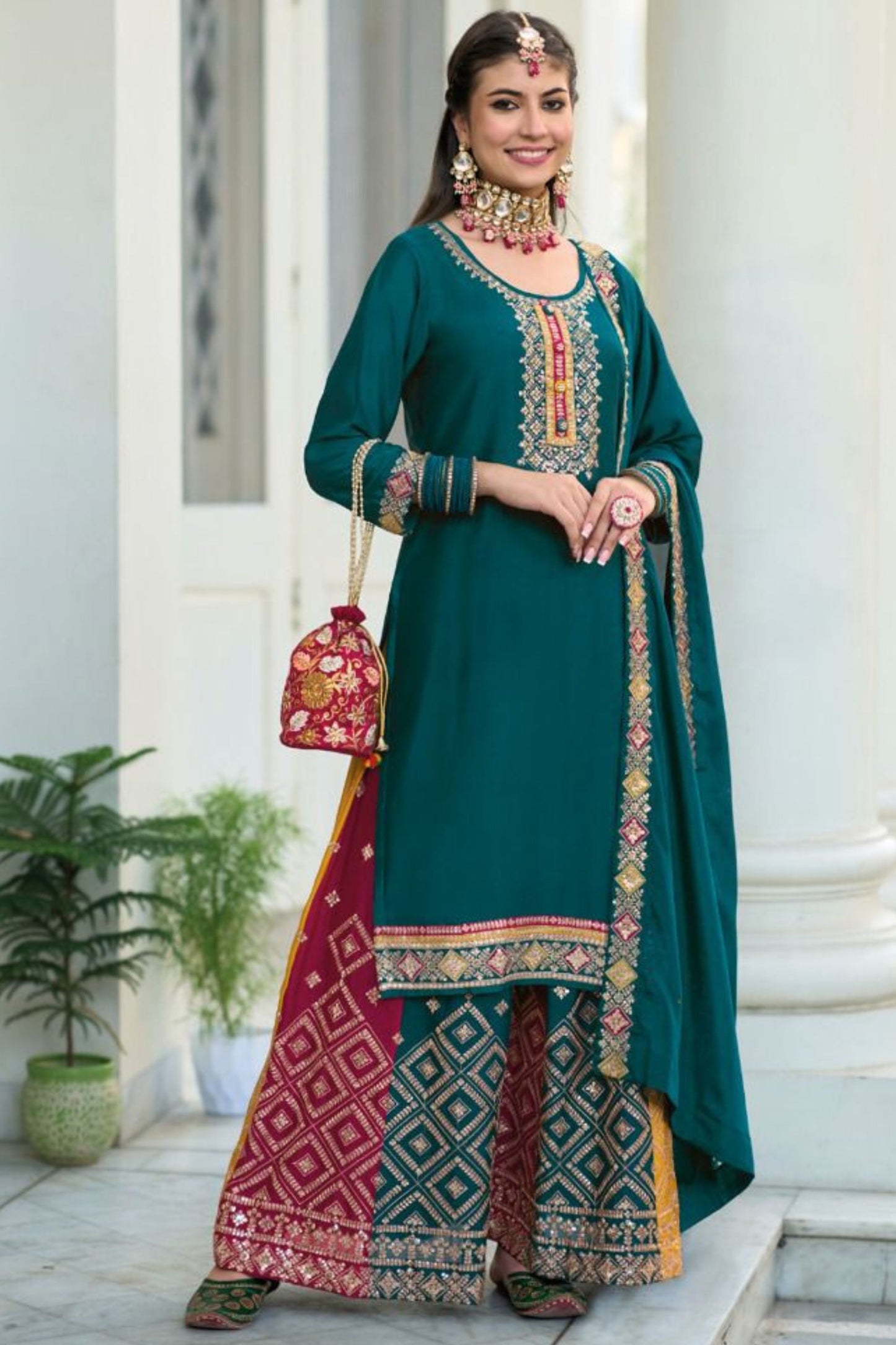 Teal Chinon Silk Kameez with Plazzo For Indian Suit Festivals & Pakistani Weddings - Embroidery Work