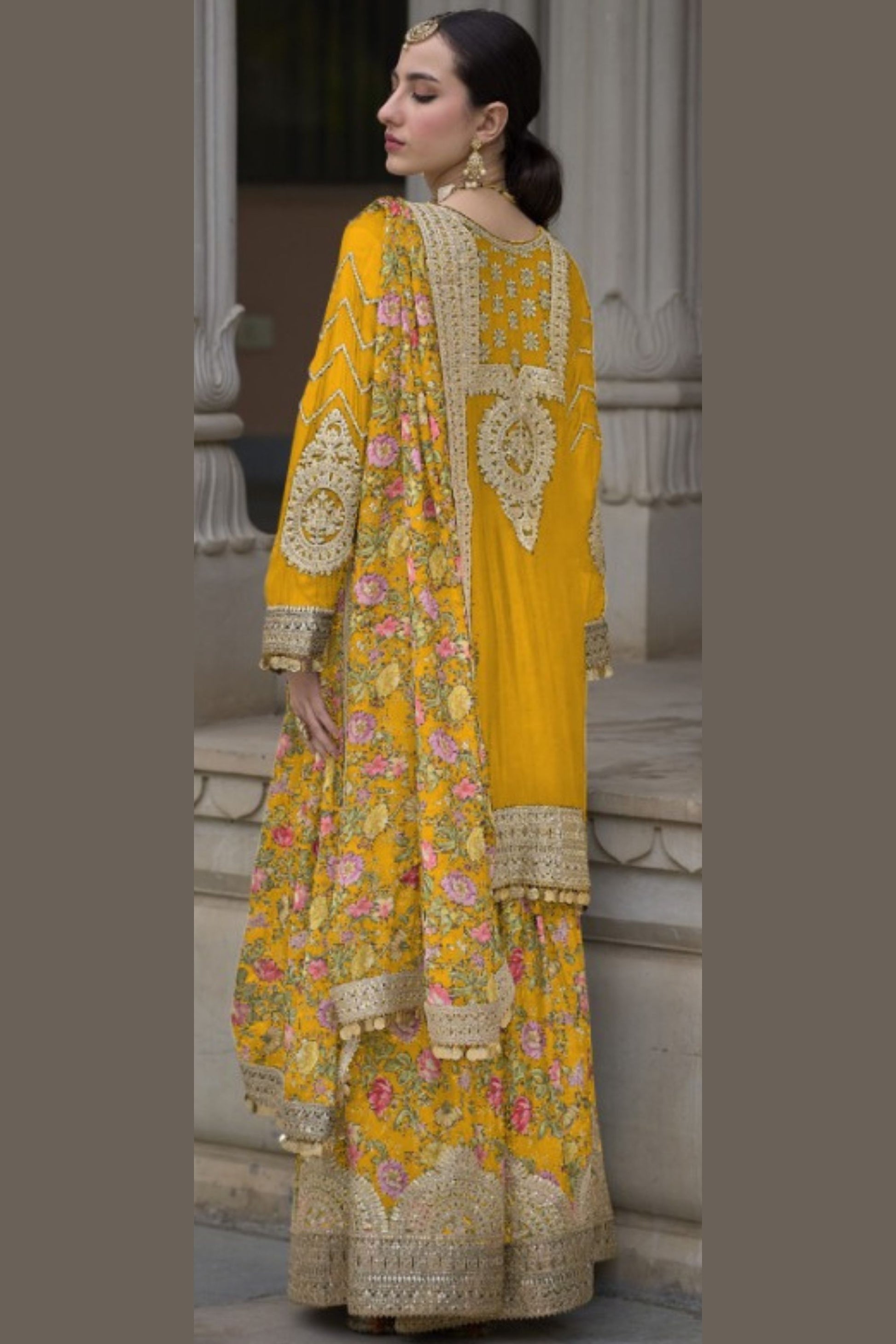 Yellow Chinon Silk Kameez with Plazzo And Dupatta For Indian Suit Festivals & Pakistani Weddings - Embroidery Work