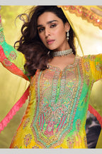 Yellow Chinon Silk Plazo Suits for Indian Festival & Pakistani Wedding - Embroidery Work