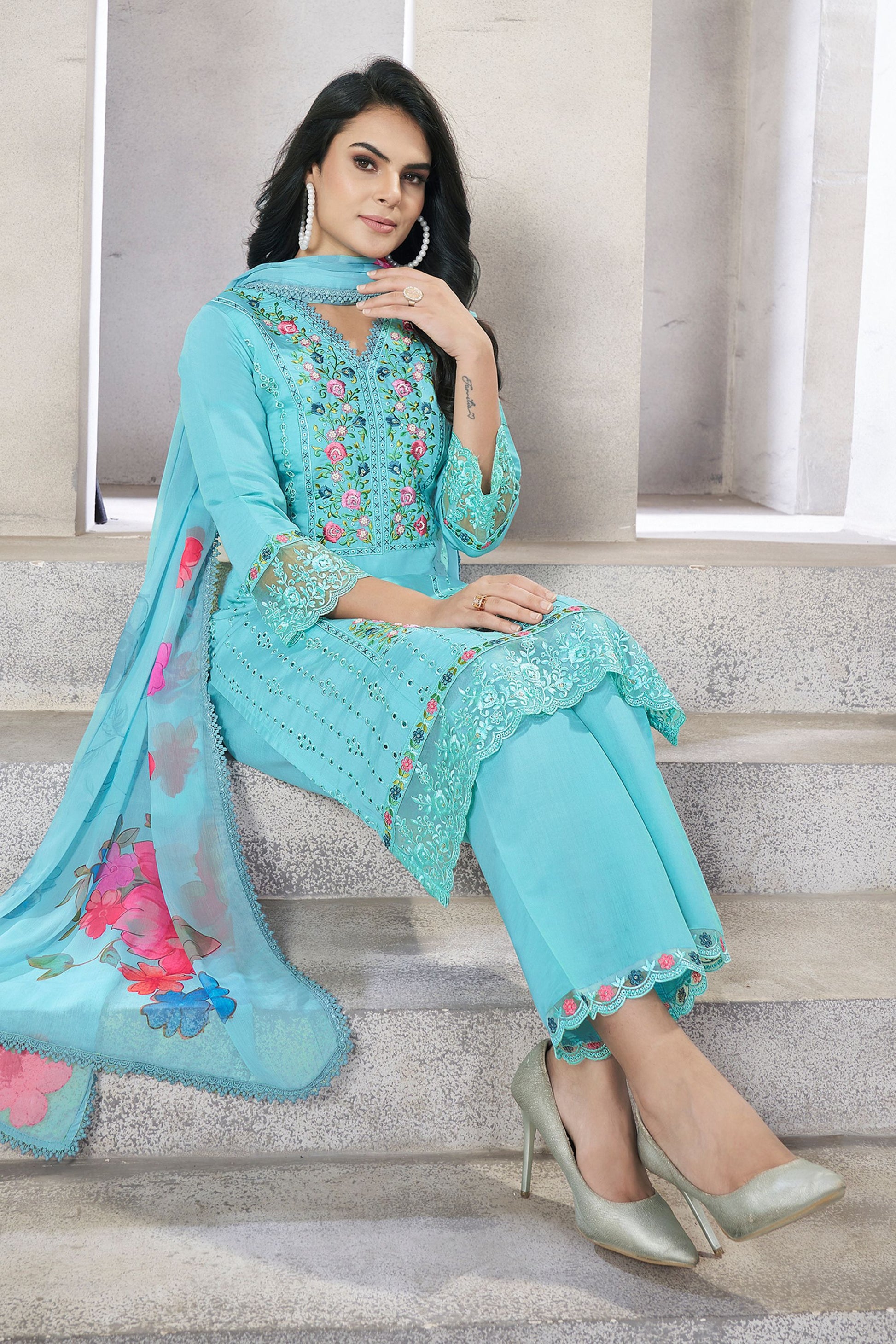 Sky Blue Viscose Silk Kameez with Pant Suit For Indian Festivals & Pakistani Weddings - Embroidery Work. Print Work