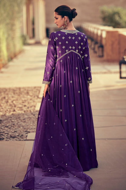 Purple Silk Georgette Floor Full Length Embroidered Anarkali Gown For Indian Festivals & Pakistani Weddings - Embroidery Work