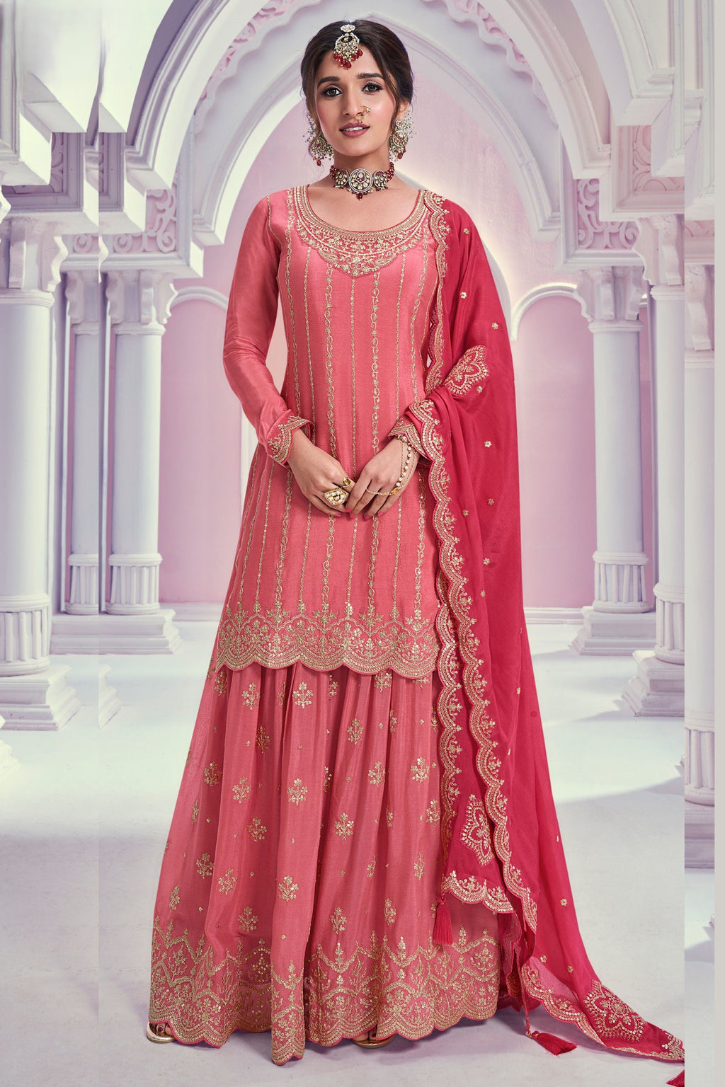 Coral Pink Chinon Silk Plazo Suit For Indian & Pakistani Wedding Festival - Thread & Sequence Embroidery Work