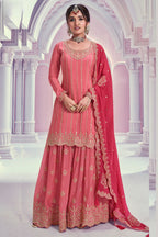 Coral Pink Chinon Silk Plazo Suit For Indian & Pakistani Wedding Festival - Thread & Sequence Embroidery Work