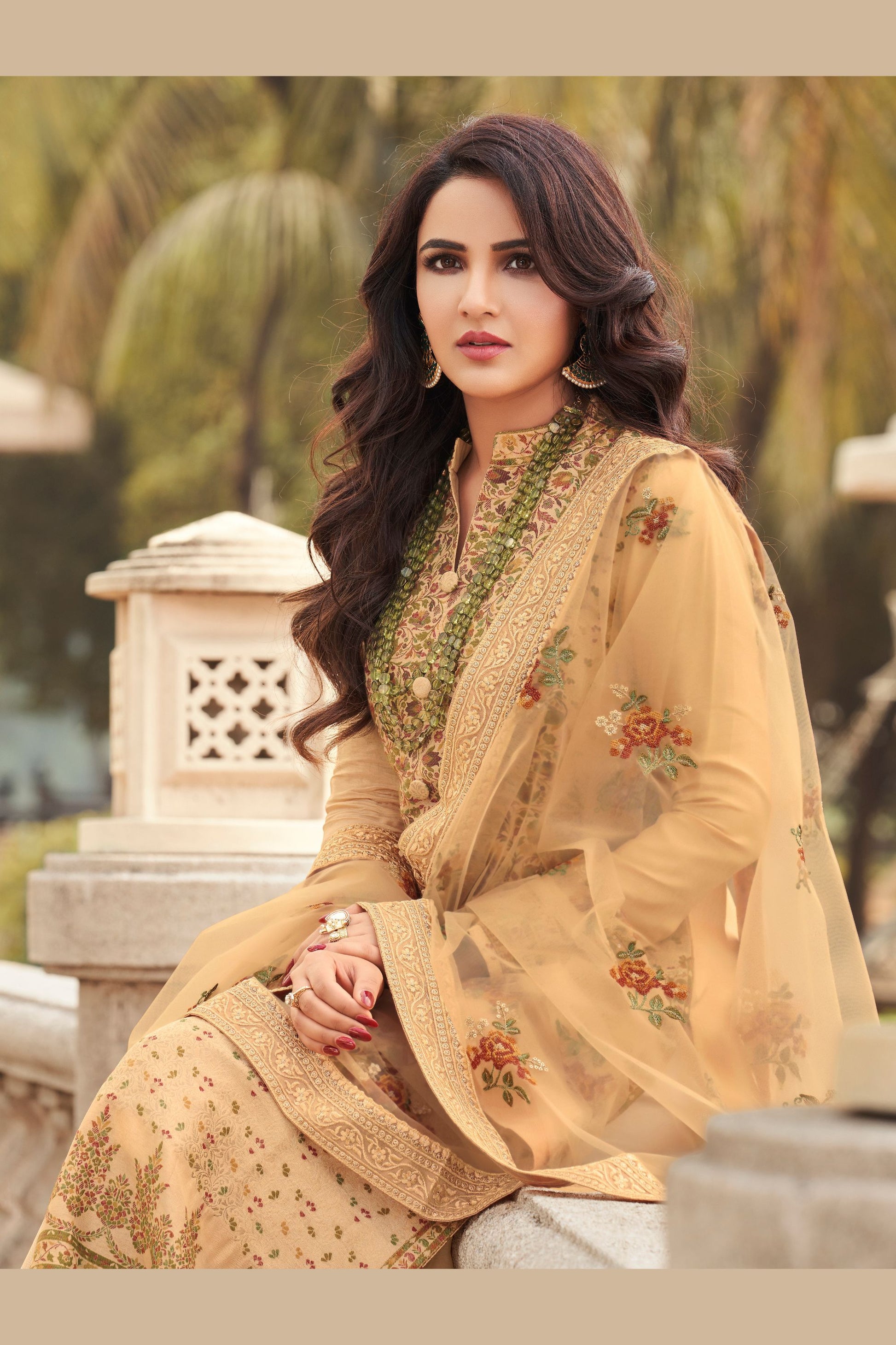 Beige Jacquard Kameez with Pant For Indian Suit Festivals & Pakistani Weddings - Embroidery Work