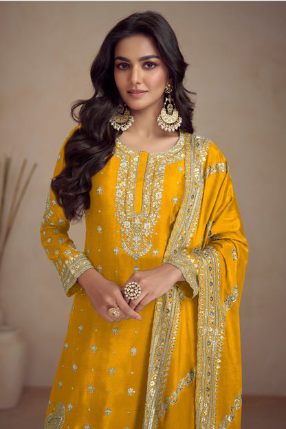 Yellow Chinon Silk Palazzo Suit For Indian Weddings & Pakitani Festival - Embroidery Work