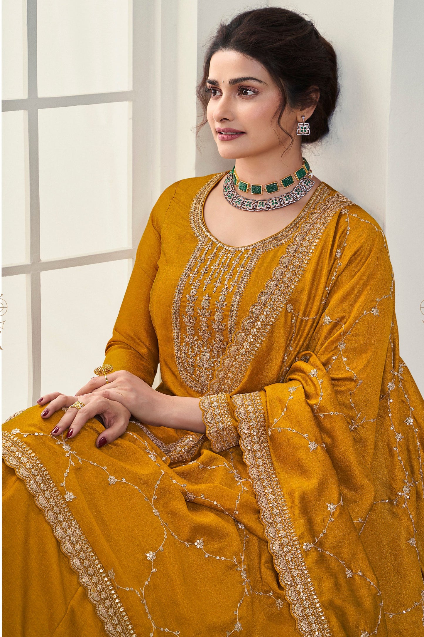 Golden Georgette Silk Floor Length Long Anarkali Suit For Indian Festivals & Pakistani Weddings Dress - Embroidery Work