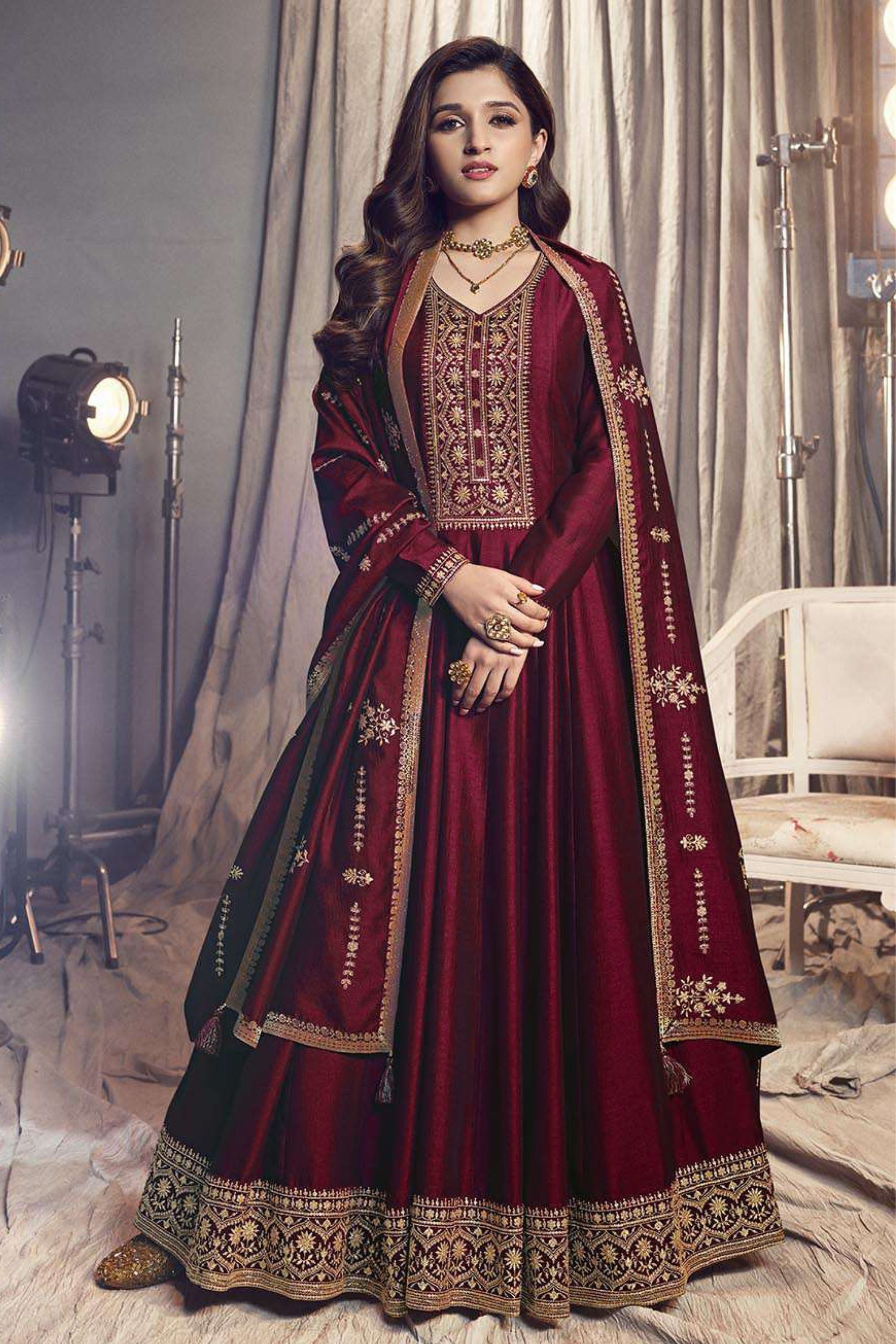 Maroon Georgette Silk Anarkali Suit For Indian Festivals Pakistani Weddings Dress Embroidery Work