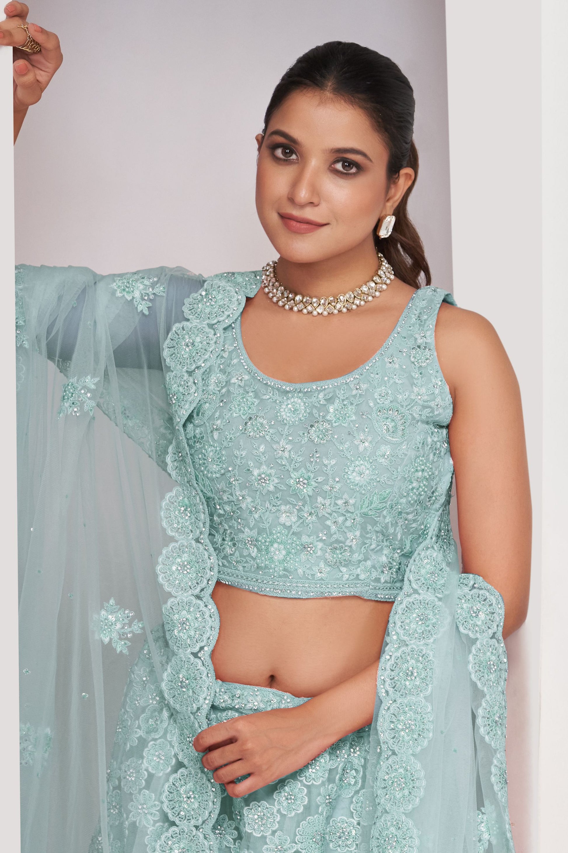 Light Blue Soft Net Lehenga Choli For Indian Festivals & Weddings - Sequins Work, Dori Work, Zarkan Work, Thread Work