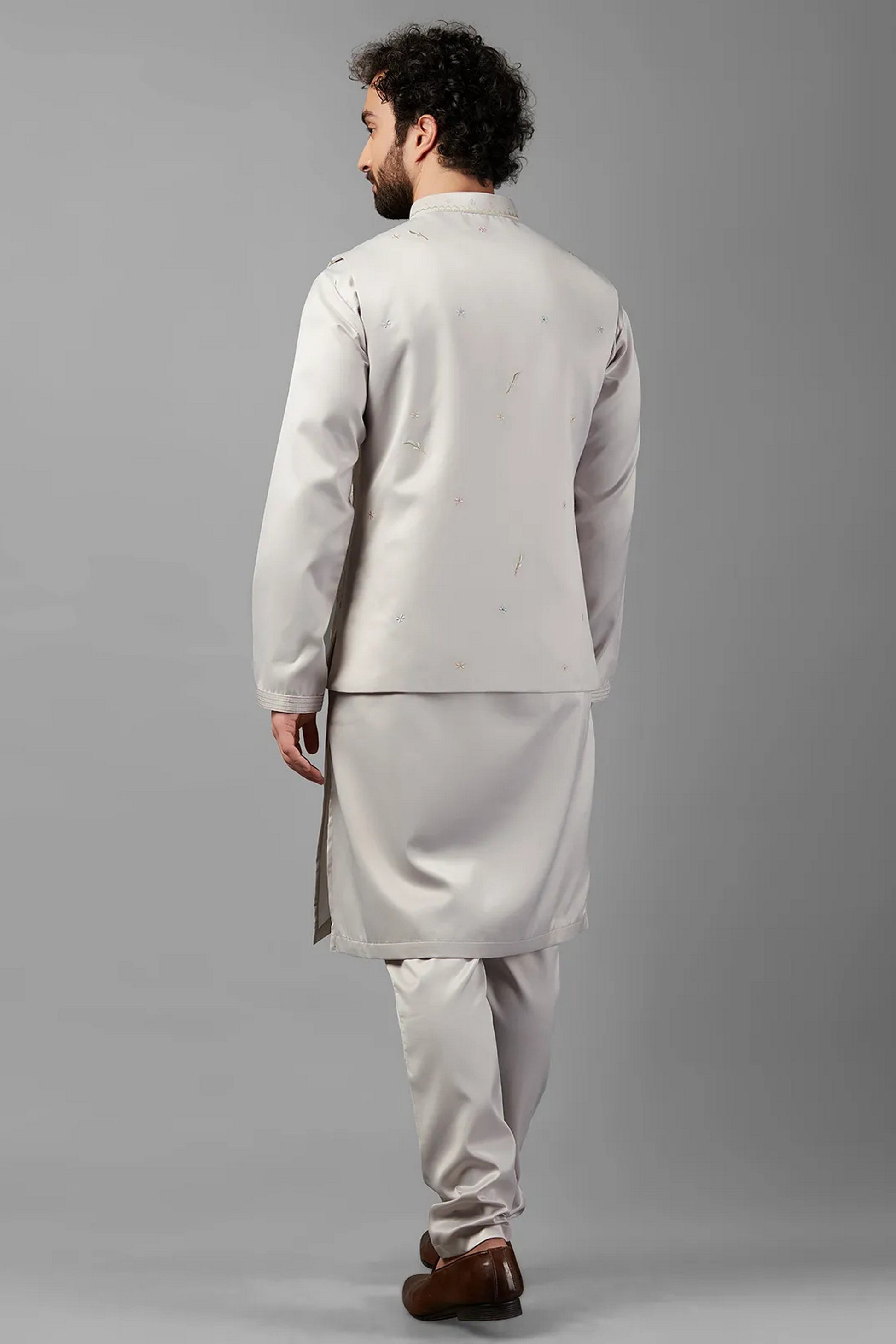 Light Grey Silk Men's Wedding Suit Waistcoat with Kurta & Pant - Embroidery Work