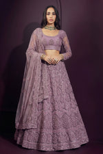 Mauve Net Long Sleeve Lehenga Choli for Wedding