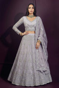 Model posing in a lavender grey indian lehenga choli with a long-sleeve embroidered blouse, flared net skirt and sheer dupatta, hand on hip.