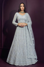 Bluish Grey Long Sleeve Reception Lehenga Choli with Hand Work
